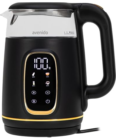 avenido Bollitore elettrico con regolazione della temperatura, potenza 2200 W, capacità 1,7 l, funzione di mantenimento in caldo, vetro e plastica, colore: nero/oro