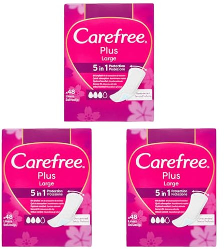 Carefree Slipeinlagen Plus Large ohne Parfüm, extra breiter Damen-Slip mit 5in1-Schutz für 8 h trockenes Gefühl, ultradünne Damen-Slipeinlagen ohne Duft für den täglichen Gebrauch, 48 Slipeinlagen