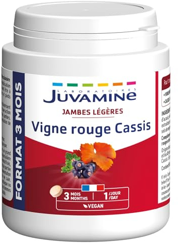 JUVAMINE - Jambes Légères - Vigne Rouge Cassis - Favorise le Bien-Être Circulatoire - Action sur Système Veineux des Jambes - Maxi Format - 90 Comprimés - Programme de 3 Mois - Fabrication Française