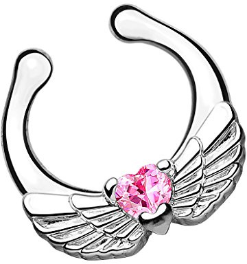 Piersando Fake Piercing Vintage mit Engelsflügel Herz Kristall für Septum Tragus Helix Nase Lippe Ohr Intim Nippel Brust