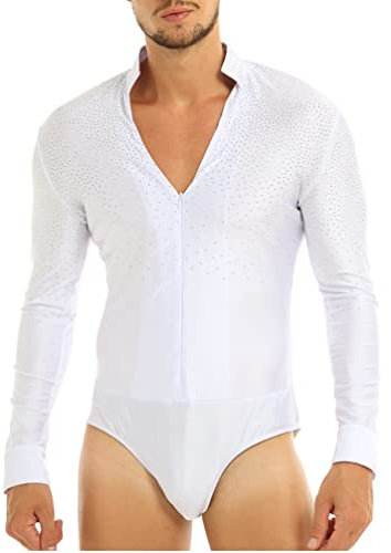 TiaoBug Herren Latein Body Langarm Oberteil Hemd mit Kragen Ballettanzug Stringbody Ballett Trikot V-Ausschnitt Gymnastik Leotard Glänzend Kostüm Weiß M