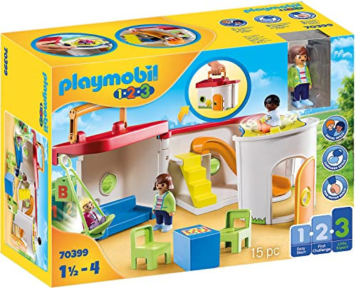 PLAYMOBIL 1.2.3 70399 Mein Mitnehm-Kindergarten mit Schaukel, Karussell und Rutsche, mit Tragegriff zum Zuklappen und Mitnehmen, ab 1 Jahr