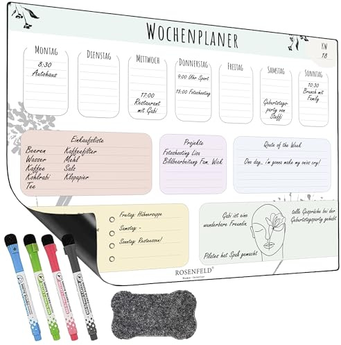 Rosenfeld Magnetischer Wochenplaner Whiteboard - Abwischbare Magnet-Tafel für den Kühlschrank inklusive 4 magnetischer Marker und Radierer (Bunt)