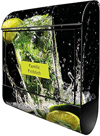 banjado Design Briefkasten personalisiert Brasilianischer Cocktail 38,5x46,5x13cm & 2 Schlüssel - Briefkasten Stahl schwarz Zeitungsfach pulverbeschichtet - Postkasten A4 Einwurf inkl. Montagematerial