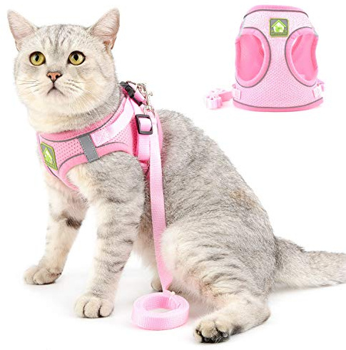 SELMAI Katzengeschirr mit Leine Ausbruchsicher Kitten Reflektierend Hundegeschirr für Welpen Kleine Hunde Chihuahua Geschirr Weiches Netz Brustgurt für Haustiere Gehen Ausbildung Draussen Rosa S