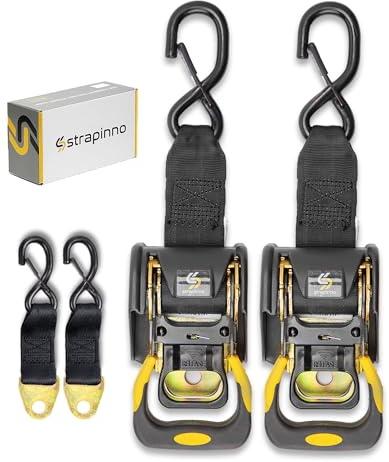 Strapinno 2PCS Retractable Ratchet Straps (1 7/8 in x 4 ft) Heavy Duty Transom Tie Downs with Extension Straps, Bolt Set & Safety Latch S-Hooks,for Boat,ATV, Trailers, Break Strength 3,000LBS/1,360KG