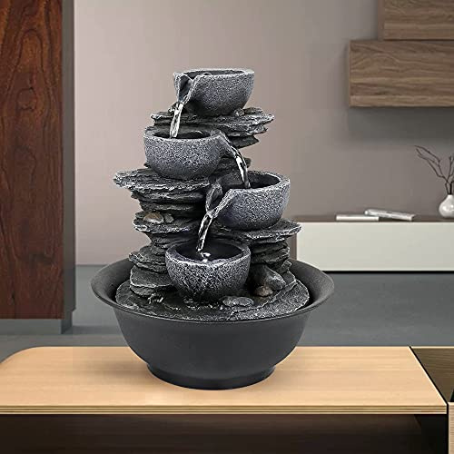 xpiyaer 10.6” High Cascading Tabletop Fountain w/LED Light - 4-Tier Bowls Rock Water Fountains Indoor Small Relaxation Waterfall Feature for Home, Office and End Table Decoration (10.6 high, Gray)