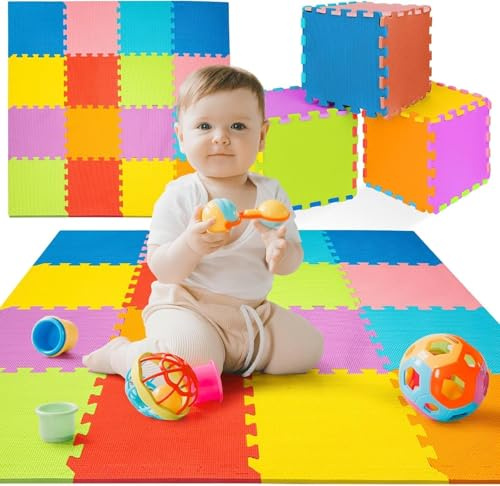 TOYVELT 16-Pack 12x12 Foam Puzzle Floor Mat for Kids - Interlocking EVA Play Mats Multicolor - Non-Slip Educational Flooring for Playroom, Nursery & Play Area