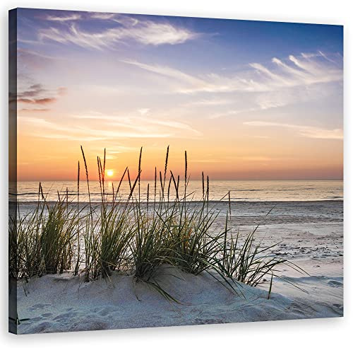 Feeby Leinwandbild Nordsee Ostsee Strand 30x30 cm Bild Kunstdruck Dünen Sonnenuntergang Gras Beige
