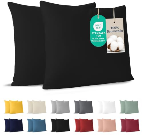Dreamzie - Kissenbezug 50x50cm - 2er Set - 100% Baumwolle - Schwarz | Oeko-Tex zertifiziert · mit Reißverschluss · Kopfkissenbezug & Kissenhülle · Jersey · 150 g/m² · Weich · Waschbar