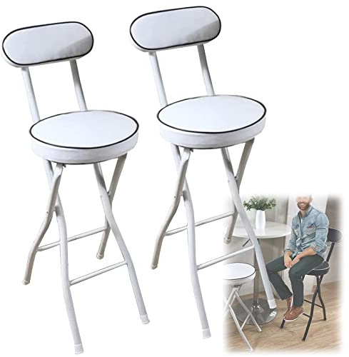 2er Set Klappbarer Barhocker mit Lehne Fußstütze, Runder Gepolsterter Bistrohocker, Küchenstuhl mit Metallgestell, für Esszimmer Outdoor, Belastbar bis 150kg (Color : White, Size : 65cm/26inch)