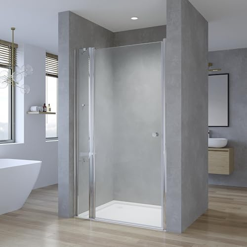 Nischentür Dusche 90 cm Verstellbereich 87,5-90 cm mit Duschtür Drehtür Schwingtür und Seitenteil, Chromoptik, Innen- und Außenöffnung, 5 mm ESG Echtglas klar, Acryl- Eckregalen, Höhe 187 cm