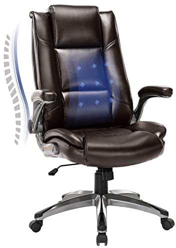 COLAMY Bürostuhl aus Leder – hohe Rückenlehne, Computer-Schreibtischstuhl mit gepolsterten Klapparmen, verstellbarer Neigungsverriegelung, ergonomischer Drehstuhl für Erwachsene, Arbeiten, Studium,