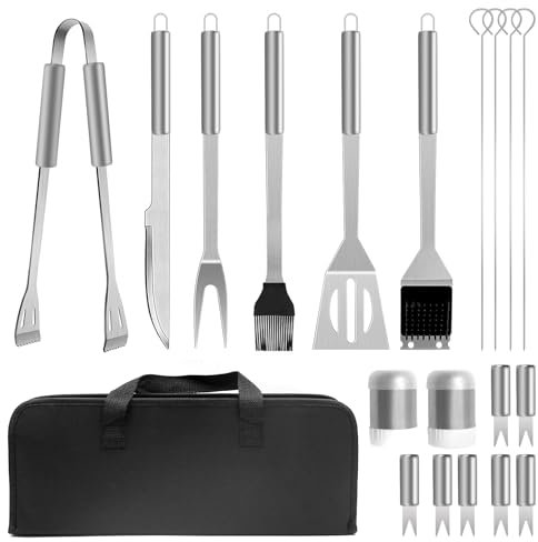 20Pcs Stainless Steel Grill Tools Set, BBQ Accessories, Outdoor BBQ Tools Set with Carrying Bag for Camping Barbecue, Perfect as a BBQ Gifts for Men, Kitchen Gifts, Camping Gifts
