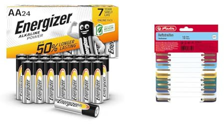Energizer AA Batteries, Alkaline Power, 24 Pack, Double A Battery Pack - Amazon Exclusive & Herlitz Filing Strips - Assorted