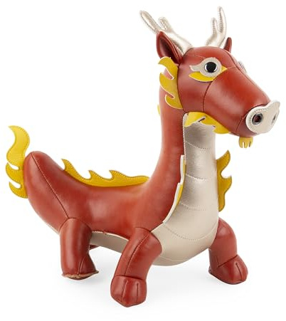 zü​ny Zuny Buchstütze Drache, Leder-Buchstützen für Regale, handgefertigte Tier-Heimdekoration, Klassische Serie, Rot + Perlgold + Ockergelb