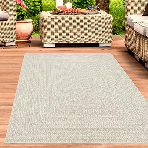 CARPETIA In- & Outdoor Teppich Linienmuster Creme Jute-Optik 140x200 cm | Pflegeleicht, wetterfest, UV-beständig und robust, OEKO-TEX geprüft, für Balkon, Terrasse, Garten & Wintergarten