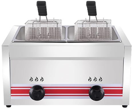 Friteuse à Gaz Professionnelle,Friteuse Commerciale En Acier Inoxydable Avec Panier Et Couvercle Pour La Cuisson Des Aliments Et Des Frites Maison Pour Comptoir De Restaurant,Doublecylinder10l+10l