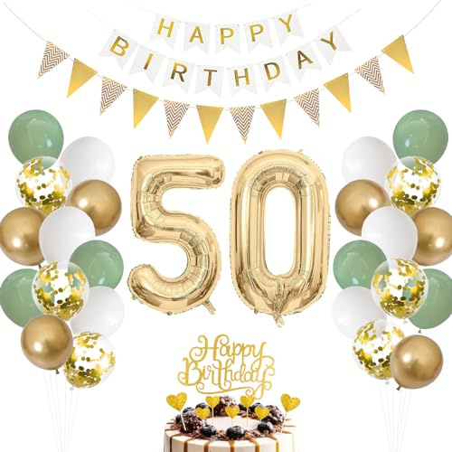 50. Geburtstag Deko Salbeigrüne - Luftballon für Männer und Frauen, Ballon Grün Weiß Gold, Zahl 50 Folienballon, Tortendeko für 50. Dekoration