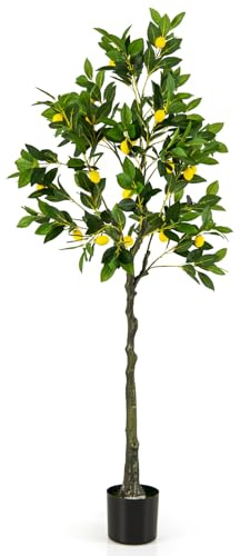 COSTWAY Plante Artificielle avec Pot Rempli de Ciment, Citronnier Artificiel avec 27 Citrons Plante Verte Tronc Réaliste Mousse Simulée, Fausse Arbre Décoration du Bureau Maison (160 CM)