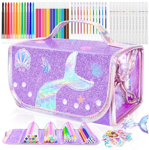 JYPS 70 piezas Sirenas Maletin Pinturas para Niños con Estuche, Lavable Rotuladores para Colorear Juego de Pintura, Crayones, Acuarelas, Maletin de Colores Dibujo Juguetes Regalo Niña 3 4 5 6 7 años