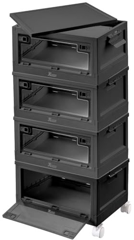 Xcase Stapelboxen mit Deckel: 4er-Set Faltbare Aufbewahrungsboxen mit Deckel, 4 Rollen, 45l, schwarz (Boxen mit Kunststoff, Kunststoffboxen mit)