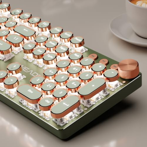 EWEADN V20 - Teclado inalámbrico para máquina de escribir, 104 teclas, estilo máquina de escribir mecánica con retroiluminación blanca, perilla multimedia, interruptor rosa 2.4G/Bluetooth/USB-C con