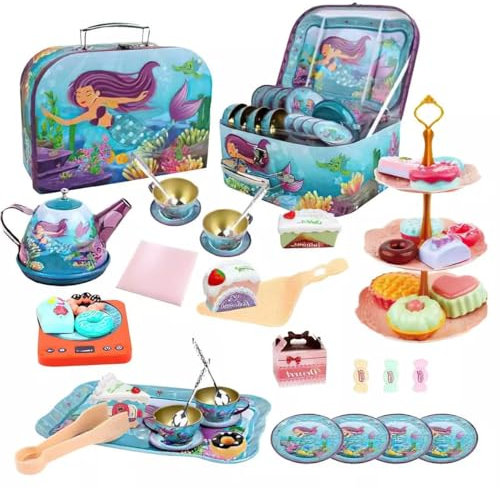 Kids Mermaid Tea Set Pretend Play Toy with Party Food Toys