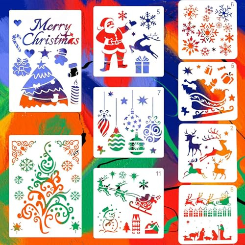 9 Pezzi 3 Dimensioni Stencil Natalizi Piccoli Grandi, Set Stencil Natale per Finestre Vetro, Stencil Natalizie Pittura Babbo Albero di Natalizio Renna Plastica Decorazioni Riutilizzabili