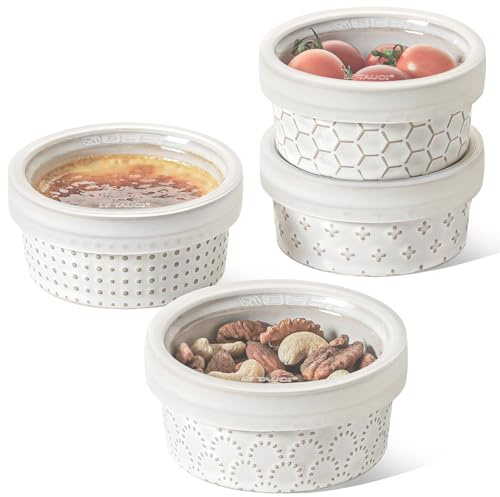 LE TAUCI Ramekins Oven Safe with Lids 120ml, 9.6cm, Set of 4, Arctic White | Emobssed Baking Dishes for Creme Brulee, Souffle, Small Sauce Bowl, Ceramic Baking Dishes, Oven Dishwasher Microwave Safe