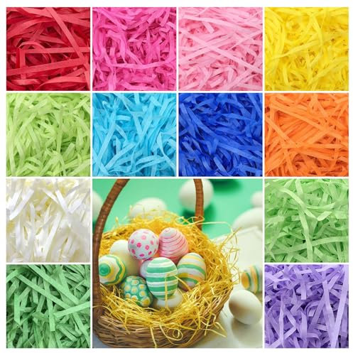 Papier Déchiqueté Herbe de Paques Herbe de Pâques Raphia Panier Cadeau – Décoration Pâques Élégante avec Frisure pour Emballage, Papier Déchiqueté et Paille de Pâques
