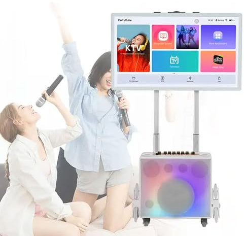 Máquina de karaoke profesional, Kit de altavoces PA de karaoke Bluetooth portátil con tableta táctil de 32 pulgadas, 2 micrófonos inalámbricos, altavoz LED de color plegable para exteriores, cam
