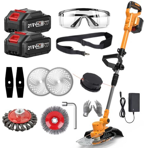 Débroussailleuse à Batterie 21V Coupe Bordure sans Fil avec Batterie,Debroussailleuse Electrique sans Fil avec 2 Batteries 4.0 Ah pour Jardin Élagage (Orange)