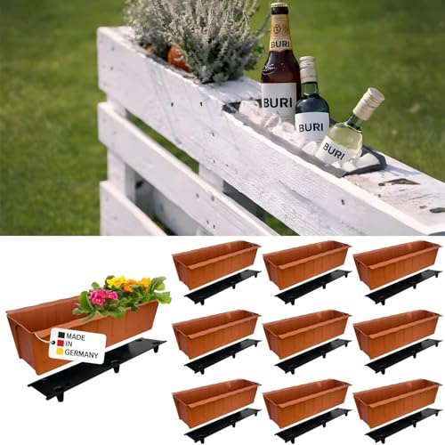BURI 10 europaletter blomlådor inkl. bevattningsmatta | 37,3 cm terrakotta | planteringslåda för europeisk pallett | balkonglåda | blomkruka | tillverkad av robust plast | Tillverkad i Tyskland