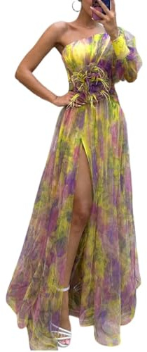 Maxi abito estivo da donna monospalla – Elegante rete a strati con spacco a strati, nodo floreale, abito da sera plissettato per cocktail, spiaggia, matrimoni, ospiti