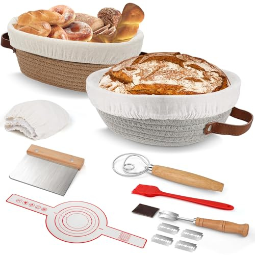 NZQXJXZ Kit Cestino Lievitazione Pane Ccorda di Cotone, Cestino Pane Ovale e Rotondo per laLievitazione, Barattolo di Avviamento e Raschietto per la Cottura del Artigianale