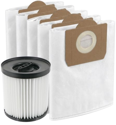 SPARES2GO Cartridge Filter + 5 SMS Dust Bags for Titan TTB774VAC TTB775VAC TTB776VAC TTB777VAC 16L 20L 30L 40L Vacuum Cleaner