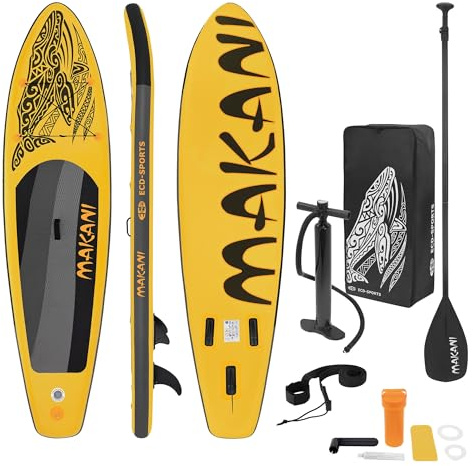 ECD Germany Planche de Stand Up, Paddle Gonflable Makani, 320x80x15 cm, Jaune, PVC, jusqu'à 120 kg, Planche de Surf, Pompe Sac de Transport Accessoires, Planche à Pagaie Sup Board, Différents Modèles