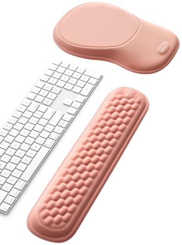 meatanty Memory Foam Wrist Rest Set for Keyboard and Mouse, Pink | Two-piece set with breathable Lycra fabric and non-slip bases for stable, comfortable typing, office work and gaming.