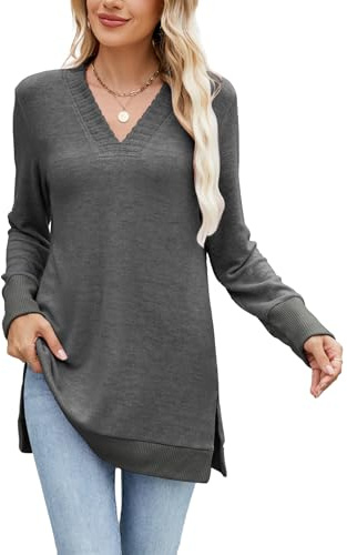 Famulily Ladies Autumn Lightweight Long Tops Plain V Neck Sweaters for Women UK Long Sleeve Casual Jumpers Dark Grey XXL