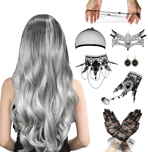 9 Stück Perücke Halloween Damen: Halloween Perücke Damen | Perückes Damens Grau Lang - Perückes Grau - Perück Damens - Hexenperück Gotisch Halskette Armbänder - für Halloweens