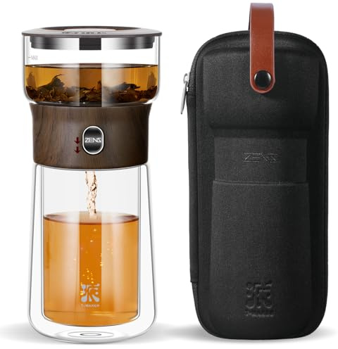 ZENS Tetera de cristal con Infusor, mágico con un solo toque drain tetera para té en, tetera con filtro con taza de doble pared y marrón estuche portátil para los amantes del té