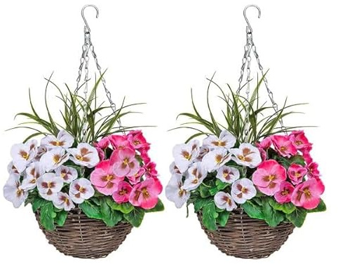 GreenBrokers 2 x Hanging Baskets with Pink and White Flowers and Decorative Grasses (Set of 2)
