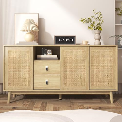 Merax Rattan Sideboard Kommode mit 3 Rattan Schiebetüren und 2 Schubladen, Sideboard Holz Küchenschrank Buffet mit Massivholzfüße, Eiche/155x38x80cm
