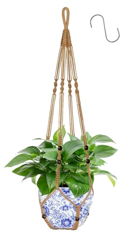Apstaqeoo Hanging Planters Baskets, Jute Rope Macrame Plant Hanger with 1 Hook, Wall Hanging Flower Pot Holder No Tassels Hanging Plant Holder with Wood Beads for Indoor Outdoor Home Decor(1PC, 90CM)