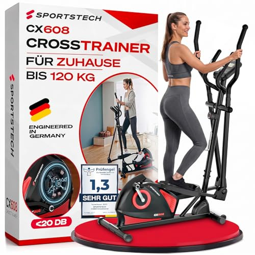 Sportstech CX608 Crosstrainer für Zuhause, leiser Ellipsentrainer mit 8 Widerstandsstufen, 10 kg Schwungrad, LCD Display, Pulssensor bis 120 kg, Fitnessgeräte für Zuhause