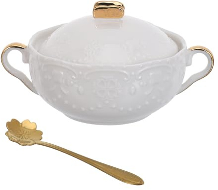 DECOMELODY Bol à Double Anse en Céramique Blanche avec Bordure Dorée Bol à Dessert et Salade 1 Pièce avec Cuillère Coupe à Fruits Polyvalente pour Yaourt Fruits et Nids D’Hirondelle