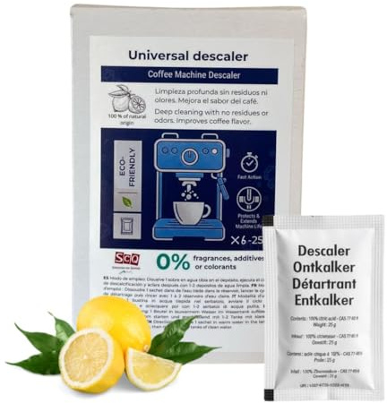Entkalker für Kaffeemaschinen 6 × 25 g | 100% natürliche Zitronensäure ohne Duft- & Farbstoffe | Universell kompatibel | Entfernt hartnäckigen Kalk | Umweltfreundlich