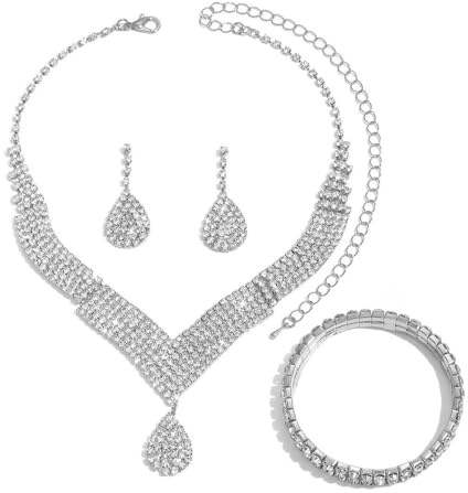 XFSRG 3 Pezzi Parure Gioielli Donna Collana Orecchini e Bracciale con Strass Elegante Set Gioielli Accessori per Abiti da Sera da Cerimonia Alla Moda Regalo