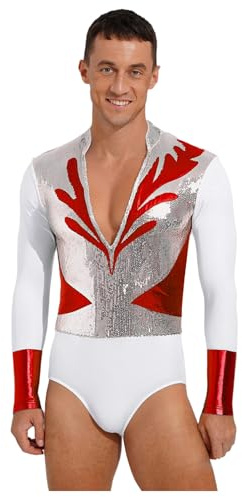 Sinleey Herren Turnanzug Kunstturnen Gymnastikanzug Glitzer Gymnastik Leotard Body Eiskunstlauf Tanz Kostüm Tanzanzug Rot M